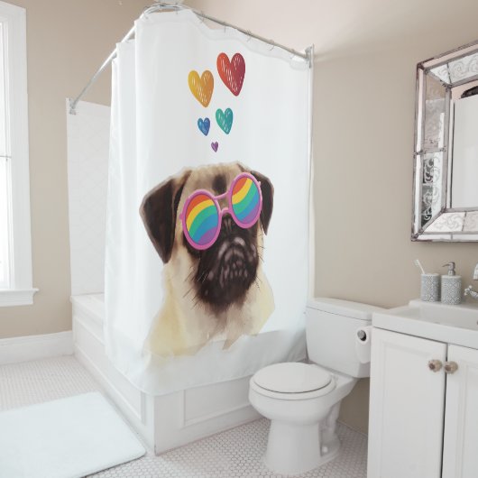 Rideaux De Douche Carlin Chien avec Coeurs Saint-Valentin (En situation)