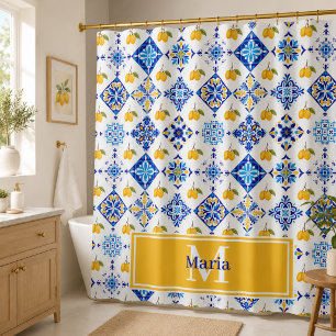Rideaux De Douche Carreau bleu motif français de citron monogramme