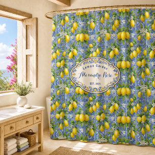 Rideaux De Douche Carrelage bleu avec monogramme et nom de style fra