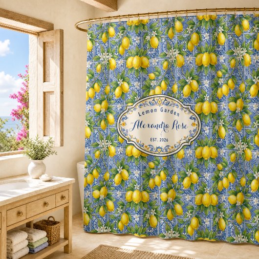 Rideaux De Douche Carrelage bleu avec monogramme et nom de style fra