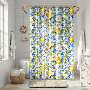 Rideaux De Douche Carrelage bleu méditerranéen et citron