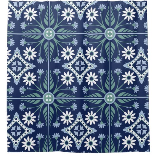 Rideaux De Douche carrelage marocain arabesque bleu vif blanc (Devant)