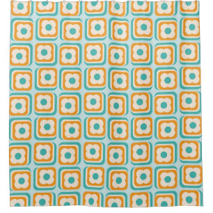 Rideaux De Douche Carrés Floraux Rétro 70s, Aqua, Orange, Turquoise