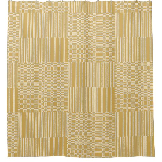 Rideaux De Douche Carrés géométriques et barres gris-jaune moutarde (Devant)