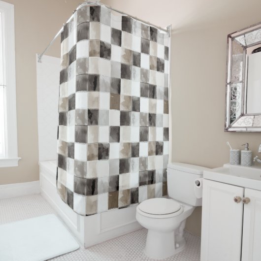 Rideaux De Douche Carrés Noir Blanc Marron (En situation)