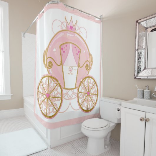 Rideaux De Douche Carrosse de princesse rose et or (En situation)