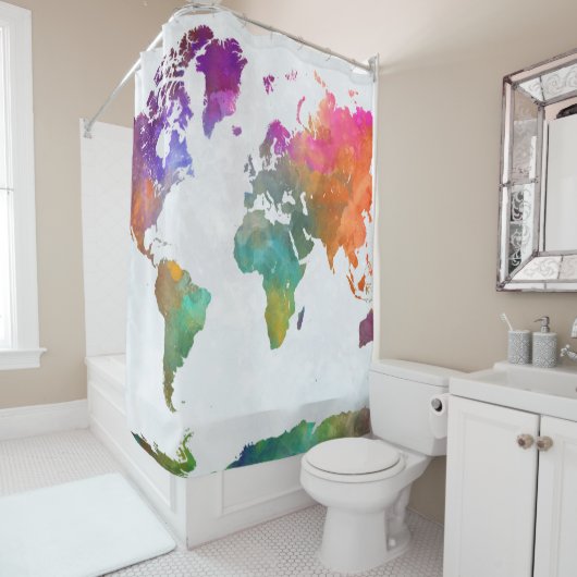 Rideaux De Douche Carte Mondiale De L'Aquarelle (En situation)