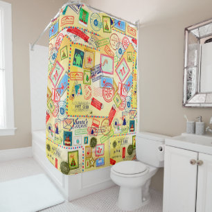 Rideaux De Douche Carte postale de Noël vintage et motif de timbres