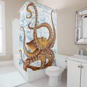 Rideaux De Douche Carte Vintage bleue octopus Brown (En situation)