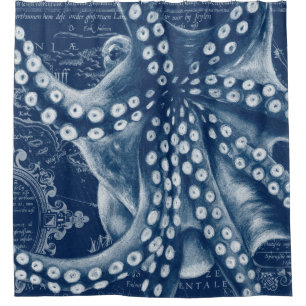 Rideaux De Douche Carte Vintage de la pieuvre bleue Chic