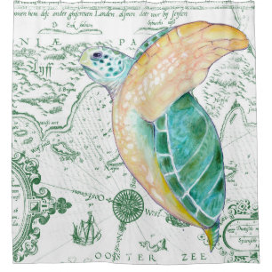 Rideaux De Douche Carte Vintage de la tortue marine blanche
