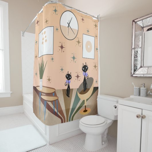 Rideaux De Douche Cat du milieu du siècle moderne (En situation)