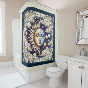 Rideaux De Douche Céleste Vintage Demi Soleil & Lune Bleu Jaune