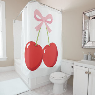 Rideaux De Douche Cerises Rouges avec Nœud Rose Coquette Cottage Chi