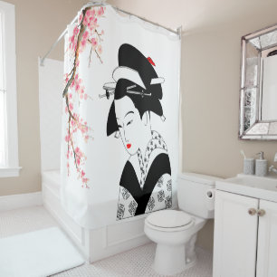 Rideaux De Douche cerisier en fleurs de geisha japonais blanc