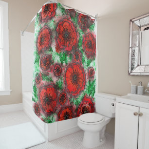 Rideaux De Douche Champ de Coquelicots Aquarelle Ligne d'Art Botaniq
