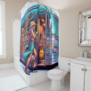 Rideaux De Douche Chanteur Cowgirl avec guitare et Tour Bus