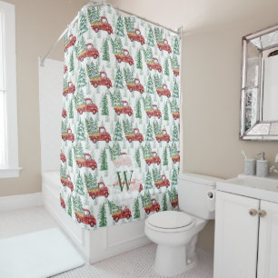 Rideaux De Douche Chariot de Noël vintage plaid buffalo aquarelle