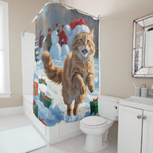 Rideaux De Douche Chat Angora Turc courant dans la neige avec un cha