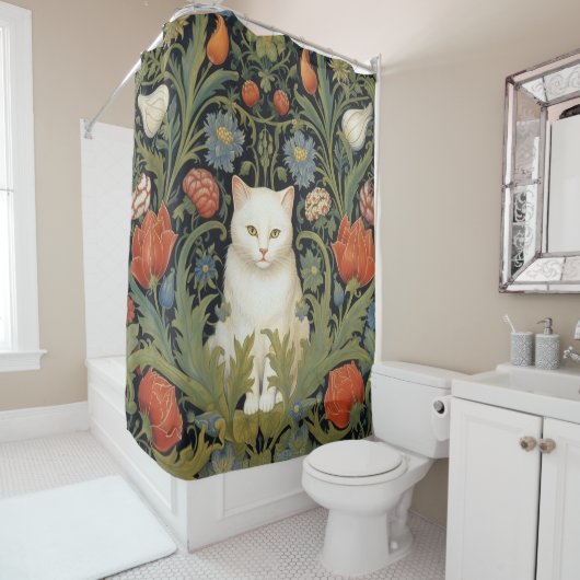 Rideaux De Douche Chat blanc Art nouveau dans le jardin (En situation)