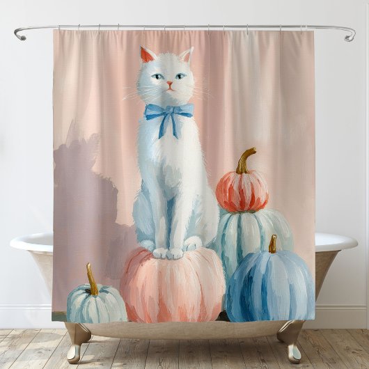 Rideaux De Douche Chat Blanc d'Automne avec des Citrouilles