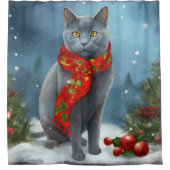 Rideaux De Douche Chat bleu russe à Noël de neige (Devant)