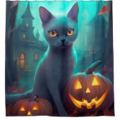 Rideaux De Douche Chat bleu russe d'Halloween avec la peur Citrouill (Devant)