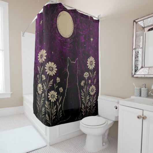 Rideaux De Douche Chat céleste floral pourpre (En situation)