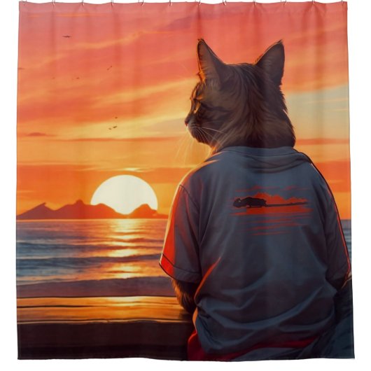 Rideaux De Douche "Chat contemplatif au coucher du soleil : Whimsica (Devant)