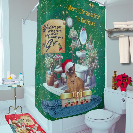 Rideaux De Douche Chat de Noël drôle dans la litière