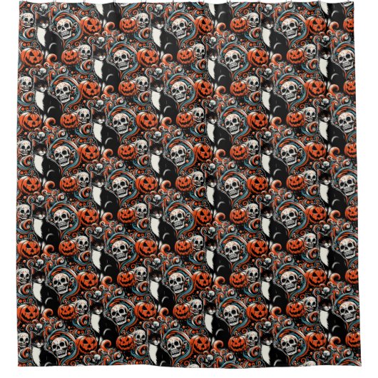 Rideaux De Douche Chat d'Halloween avec Citrouilles (Devant)