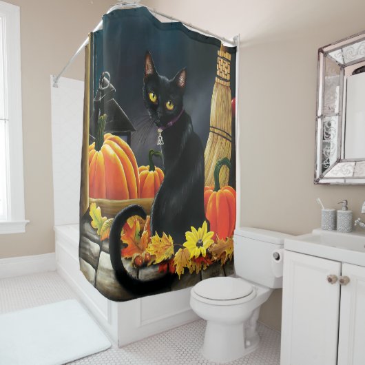 Rideaux De Douche Chat d'Halloween noir (En situation)