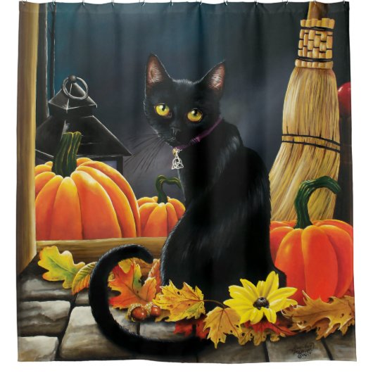 Rideaux De Douche Chat d'Halloween noir (Devant)