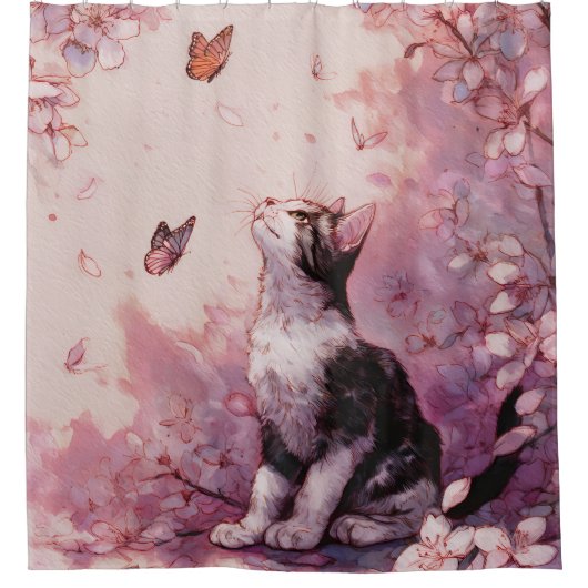 Rideaux De Douche Chat Fleur de Cerisier et Papillons (2) (Devant)