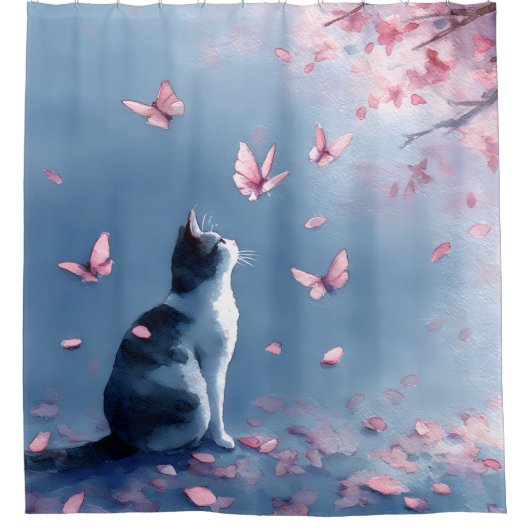 Rideaux De Douche Chat Fleur de Cerisier et Papillons (4) (Devant)