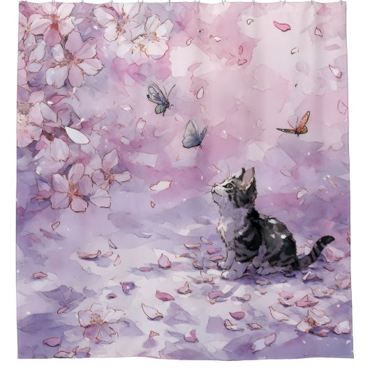 Rideaux De Douche Chat Fleur de Cerisier et Papillons (5) (Devant)