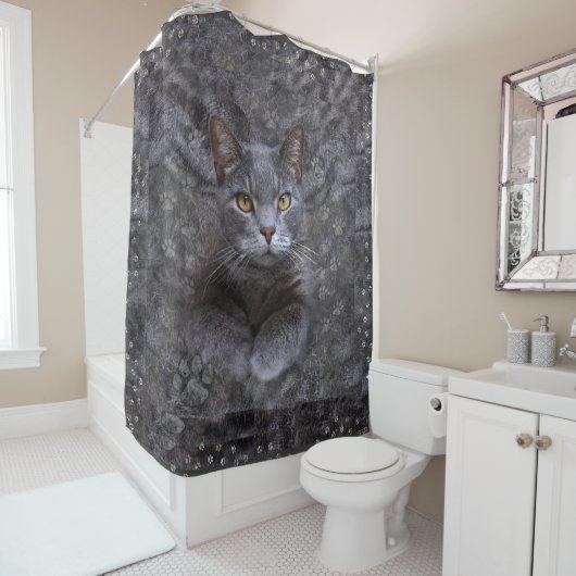 Rideaux De Douche Chat gris (En situation)