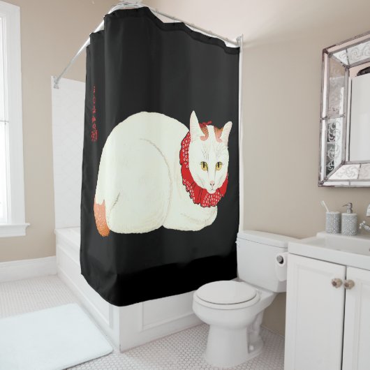 Rideaux De Douche Chat japonais blanc et gingembre (En situation)