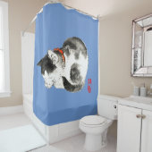 Rideaux De Douche Chat japonais couché noir et blanc (En situation)