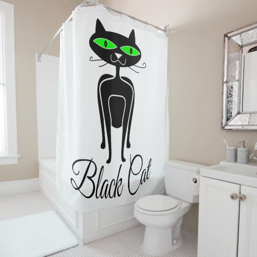 Rideaux De Douche Chat noir aux yeux verts (En situation)