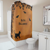 Rideaux De Douche Chat noir avec chauve-souris, Happy Halloween (En situation)
