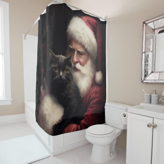 Rideaux De Douche Chat noir avec Noël Festif du Père Noël (En situation)