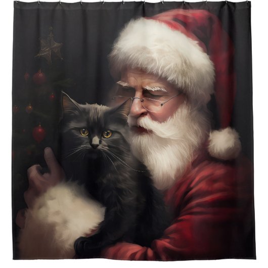 Rideaux De Douche Chat noir avec Noël Festif du Père Noël (Devant)