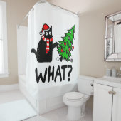 Rideaux De Douche Chat Noir Drôle Poussant Arbre de Noël (En situation)