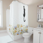 Rideaux De Douche Chat Noir Drôle Suspendu Sur Floral (En situation)