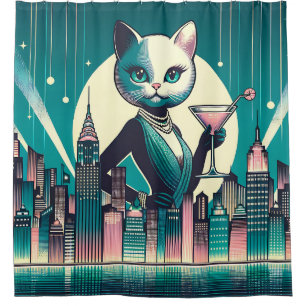 Rideaux De Douche "Chat noir et blanc moderne du milieu du siècle"