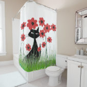 Rideaux De Douche Chat noir et pavots rouges (En situation)