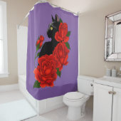 Rideaux De Douche Chat noir Roses rouges pourpres (En situation)