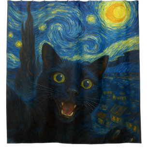Rideaux De Douche Chat noir Starry Nuit Van Gogh Chat Selfie