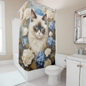 Rideaux De Douche Chat Ragdoll Avec Fleurs Bleues D'Hydrangée (En situation)